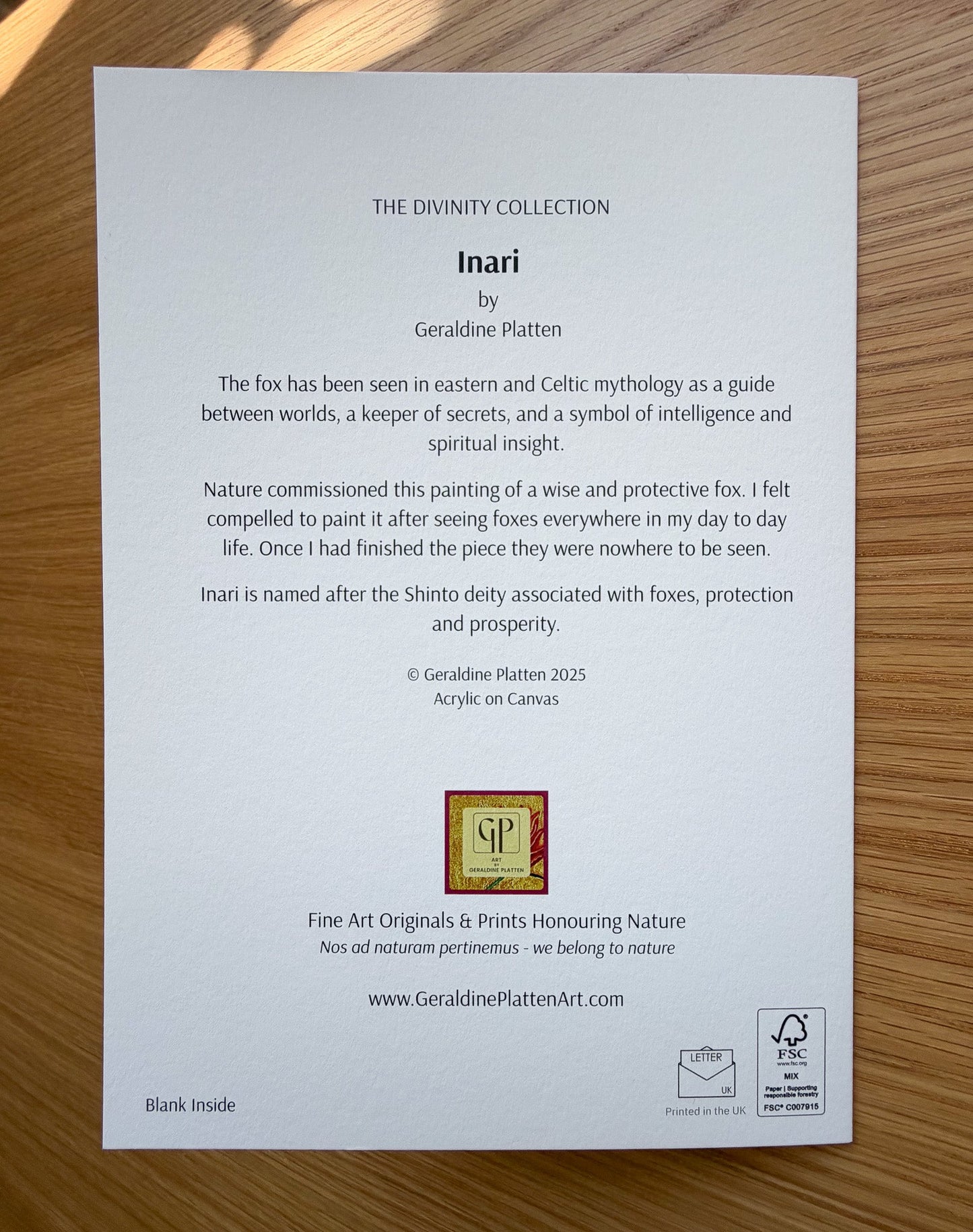 Inari - Art Greeting Card, Blank Inside - Geraldine Platten Art -