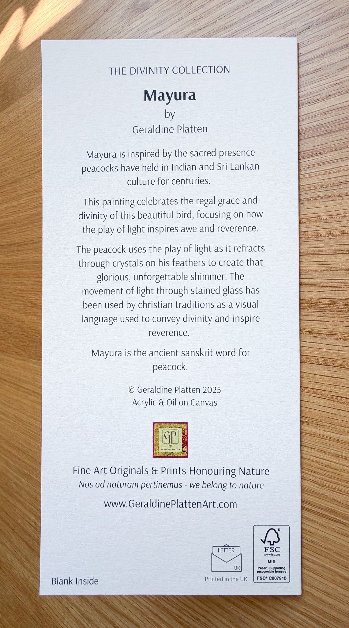 Mayura - Art Greeting Card, Blank Inside - Geraldine Platten Art -