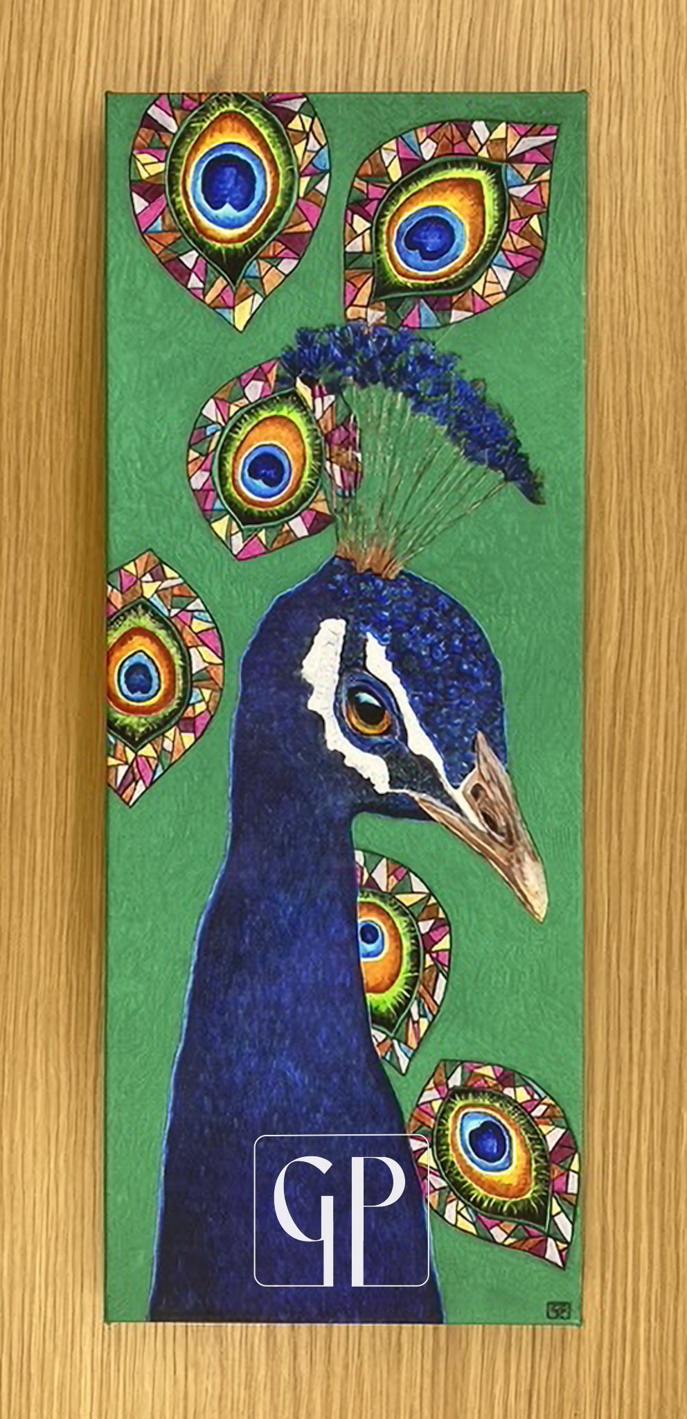 'Mayura': Canvas Prints. Head & neck of a peacock against green background. Stained glass feathers convey his divinity.
