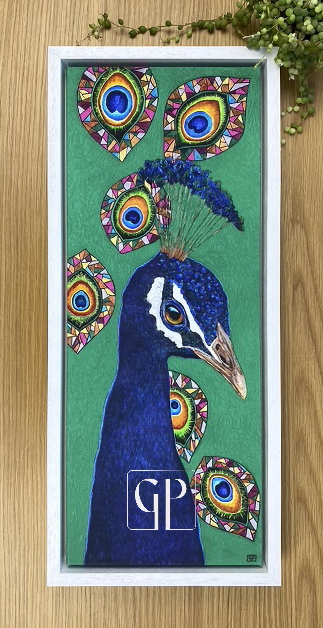 'Mayura': Canvas Prints. Head & neck of a peacock against green background. Stained glass feathers convey his divinity.