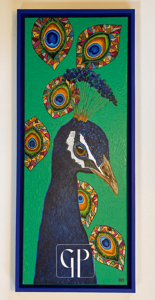 ORIGINAL - Mayura: 14x36 inches, Acrylic & oil on stretched canvas, Framed - Geraldine Platten Art - 