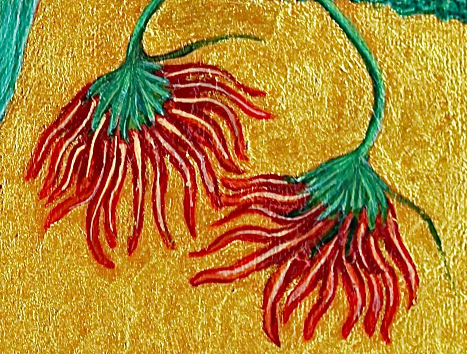 Vida Print Club Monthly Membership. A close up of one Geraldine's artworks featuring red flowers against a gold background.